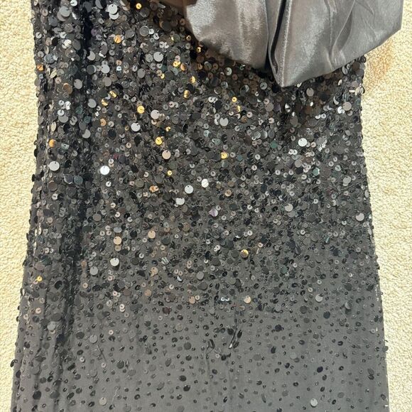 Mignon Maxi Gown Dress Women's 6 Black One Puff Shoulder Sequined Sheath Stretch - Picture 11 of 14